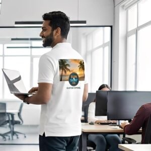 Premium custom polo T-shirt with personalized image or text printing, ideal for office wear, corporate branding, gifting, and everyday use