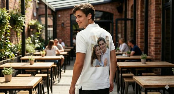 Premium custom polo T-shirt back printed with personalized image or text printing, ideal for office wear, corporate branding, gifting, and everyday use