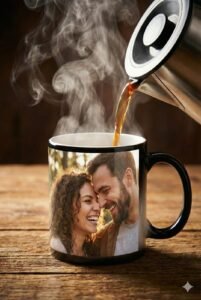 Magic mug with color changing effect showing sublimation printed design on black ceramic mug