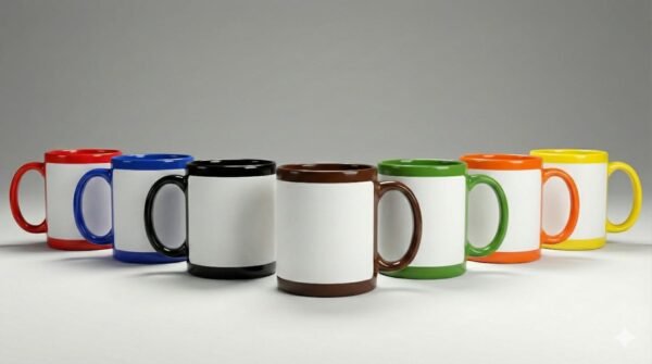 Patch mugs in multiple colours with white cylindrical printable area for custom printing