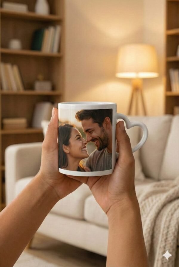 Personalized heart handle mug with custom printed romantic design