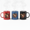 Red, blue, and black heat-reveal magic mugs changing color when hot liquid is added