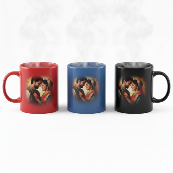 Red, blue, and black heat-reveal magic mugs changing color when hot liquid is added