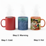 Red, blue, and red magic ceramic mugs displayed together in a single image