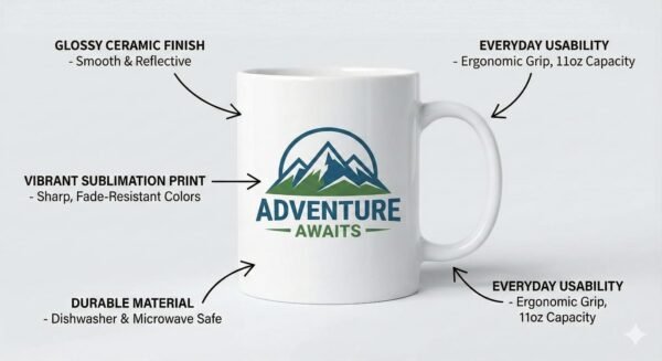 Feature highlight image showing glossy finish and print quality of a sublimation mug
