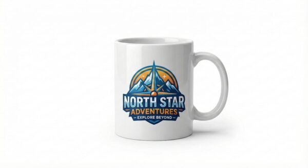 Sublimation mug with logo and tagline printed on glossy ceramic surface