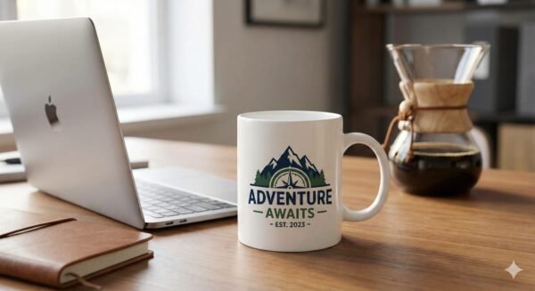 Lifestyle image of a sublimation mug with logo and tagline on an office desk