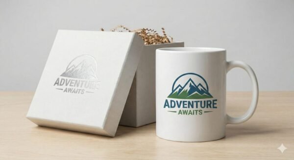 Sublimation mug with logo and tagline next to premium packaging box