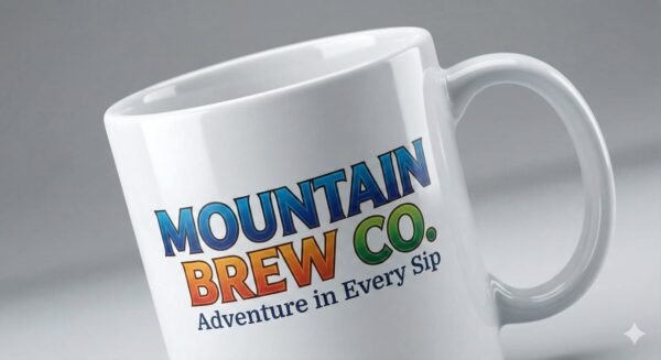 Close-up of a sublimation mug showing sharp, vibrant logo and tagline print