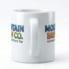 Side and back view of a sublimation mug with logo and tagline design wrapping around