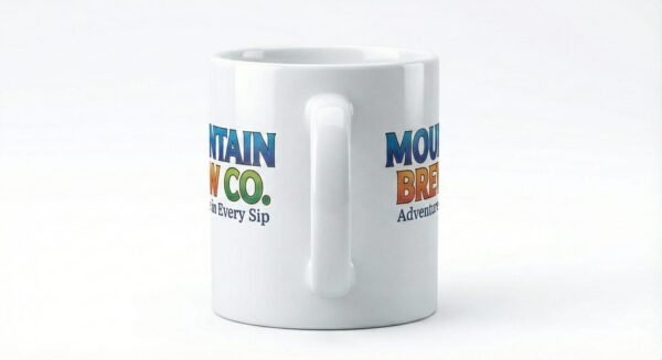 Side and back view of a sublimation mug with logo and tagline design wrapping around