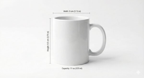 Sublimation mug showing size and capacity with logo and tagline