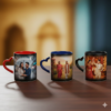 Three personalized magic mugs with heart-shaped handles in red, blue, and black, featuring heat-reveal technology and printed photos of an Indian couple in a studio setting