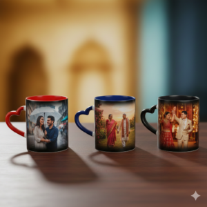 Three personalized magic mugs with heart-shaped handles in red, blue, and black, featuring heat-reveal technology and printed photos of an Indian couple in a studio setting