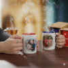 Three personalized magic mugs with heart-shaped handles in red, blue, and black, featuring held in hands heat-reveal technology and printed